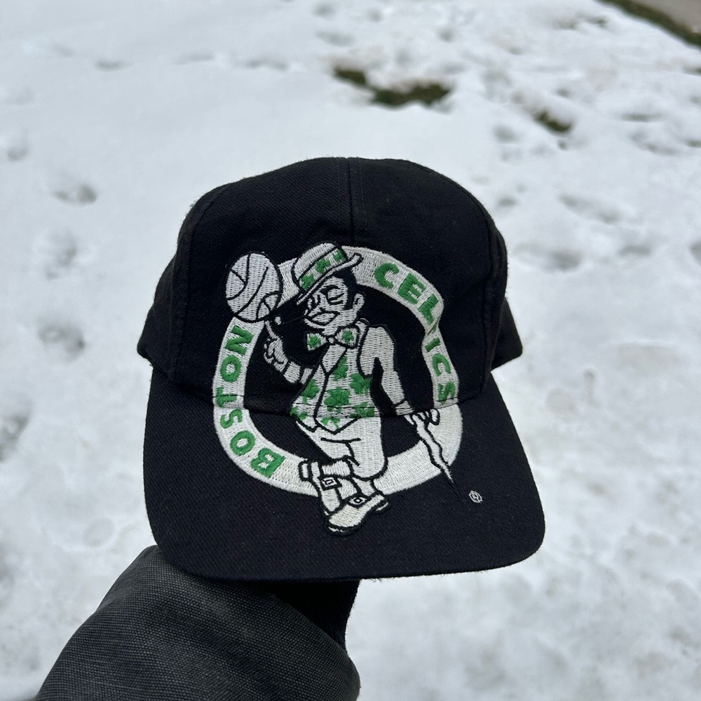 Vintage Boston Celtics Snapback Hat Black Blockhead Script Spellout Logo RARE